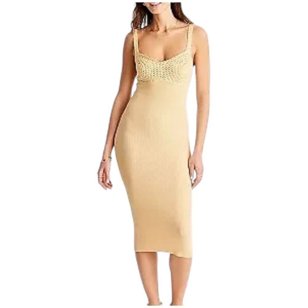 NEW Future Collective Jenny K Lopez Sweetheart Open-Work Stitch Midi Dress Yello